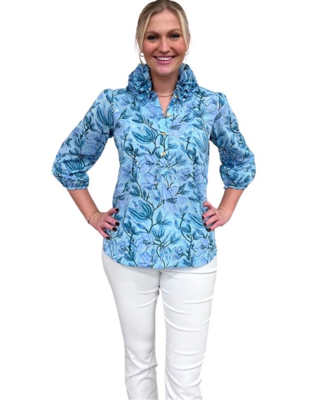 Women’s Liza Byrd The Maria Ruffle Neck Top in Aqua Floral Size XL